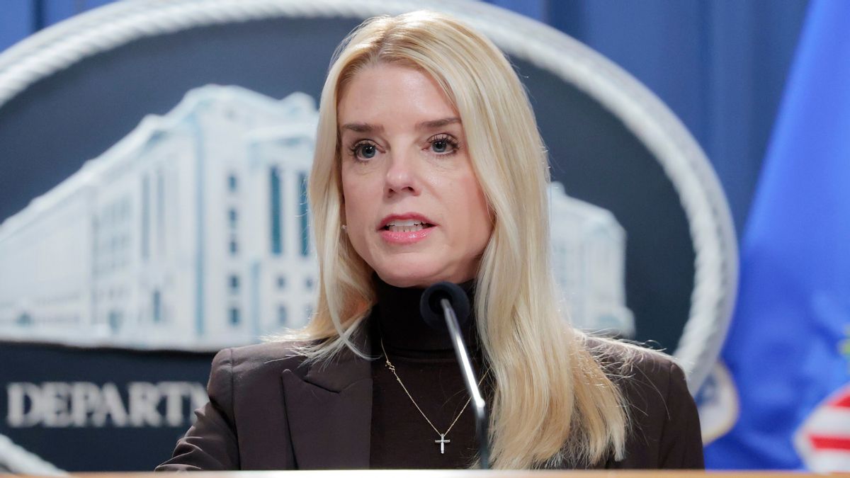 U.S. Attorney General Pam Bondi speaks at a podium on Feb. 12, 2025.