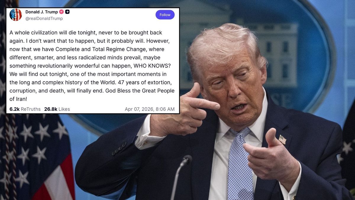 Image shows U.S. President Donald Trump mimicking shooting a gun along with his Truth Social post in which he threatens Iran.