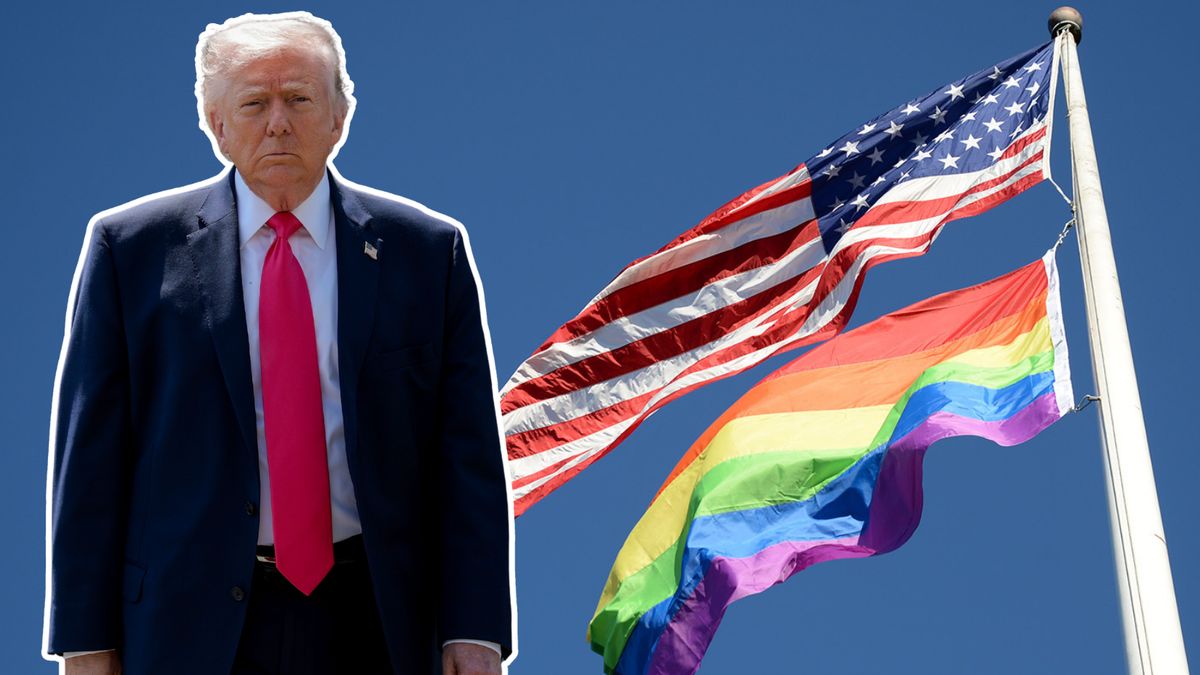 Collage of U.S. President Donald Trump besides an American flag and LGBTQ+ Pride flag waving in the wind.