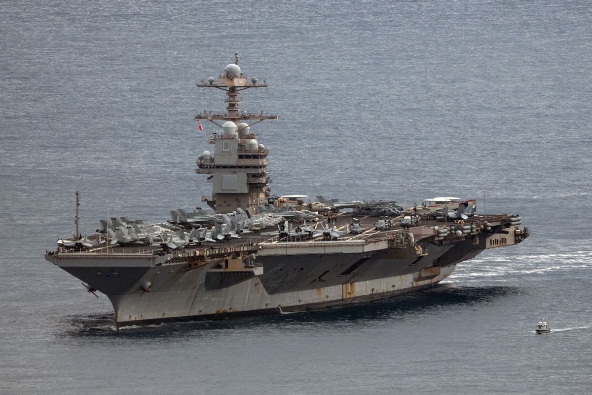 The USS Gerald R. Ford, a U.S. Navy ship, in the water.