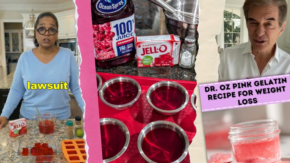 A collage shows an image of Oprah making Jell-O with the word "lawsuit" in yellow text over her (left), cups of red Jell-O (middle) and an image of Dr. Oz with bolded text reading "Dr. Oz pink gelatin recipe for weight loss" (right).