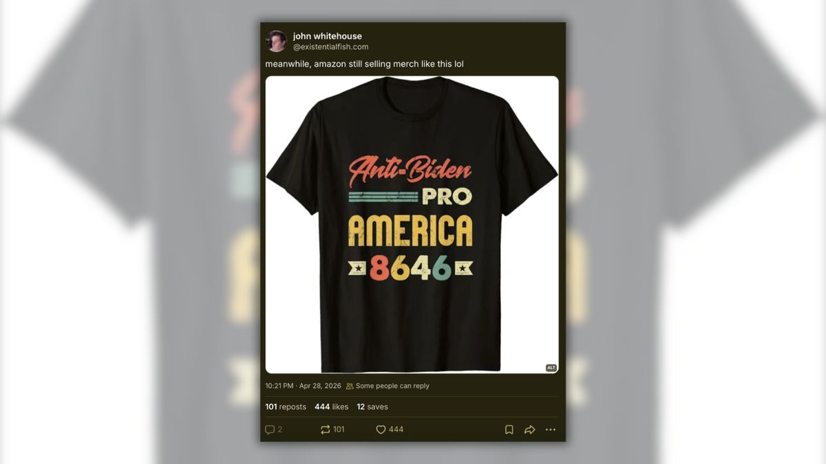 A Bluesky post shows a t-shirt with the text "Anti-Biden Pro America 8646"