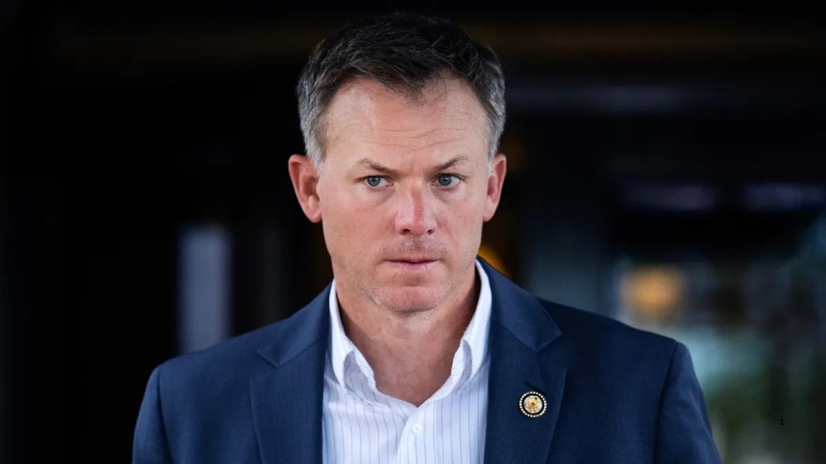 Image shows Rep. Blake Moore leaving a meeting of the House Republican Conference at the Capitol Hill Club in 2025.
