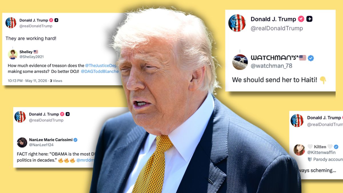 Illustration shows Trump surrounded by screenshots of his Truth Social posts.