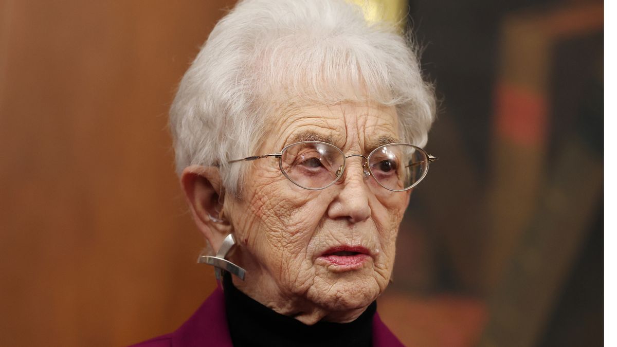 Headshot of Rep. Virginia Foxx, an elderly white woman with white hair and glasses
