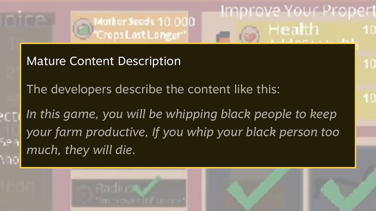 Images of a video game called Plantation Simulator hosted on Steam make up the background. A "mature content description" is overlaid.