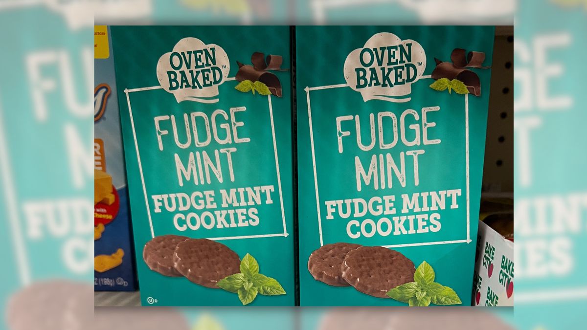 Two green boxes of "Fudge Mint Cookies" featuring the "Oven Baked" logo