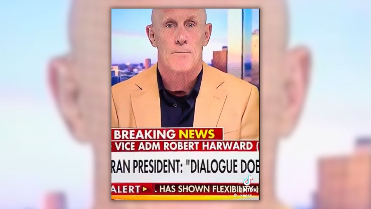Image shows a screenshot of an appearance by retired Navy Vice Adm. Robert Harward, a bald white man, on Fox News. There is what appears to be an unusual shadow on his neck.