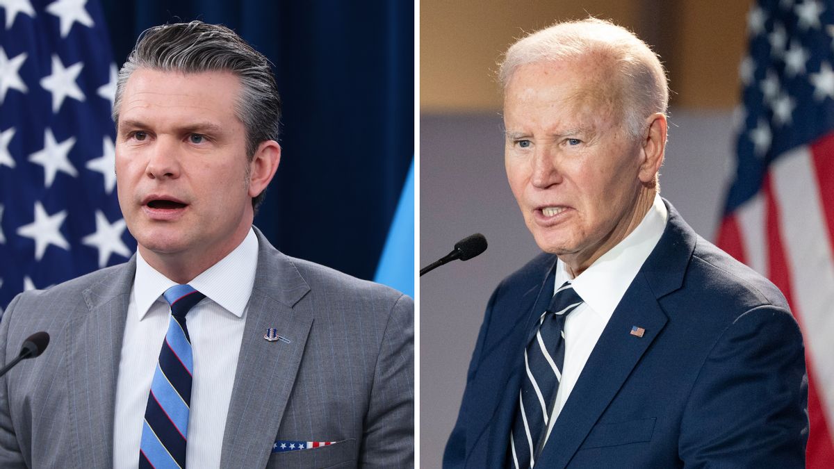 On the left, Pete Hegseth, a middle-aged white man wearing a gray suit, talking at a podium. On the right, Joe Biden, an old white man wearing a blue suit, talking at a podium.
