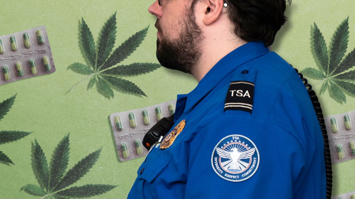 Photo collage of a TSA officer's side profile in front of a green marijuana leaf and pill blister pack pattern. 