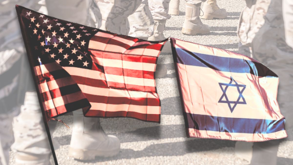An U.S. flag is shown next to an Israeli flag. In the background, the boots of military officers can be seen.