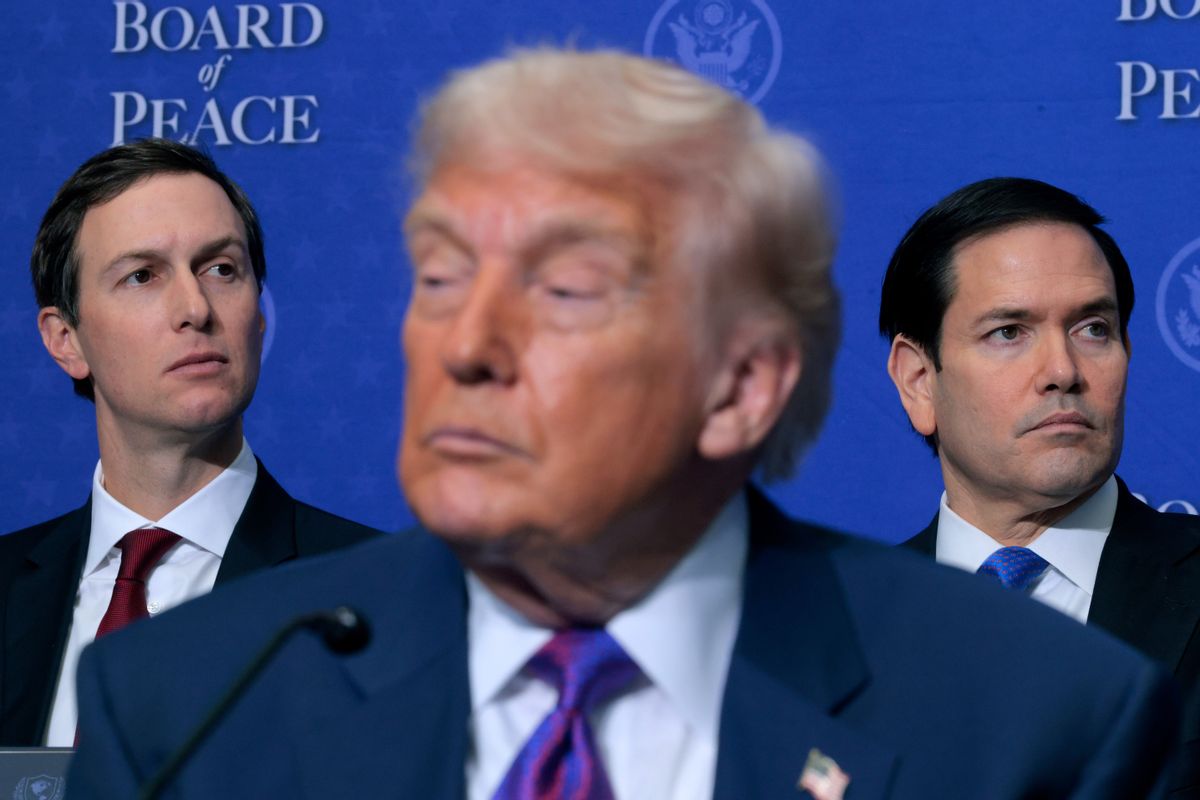 (L-R) Jared Kushner, U.S. President Donald Trump and U.S. Secretary of State Marco Rubio watch presentations during the inaugural meeting of the Board of Peace at the Donald J. Trump Institute of Peace on February 19, 2026 in Washington, DC.