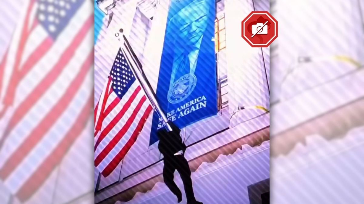 An image shows a fake glimpse of a man in all black attire and a ski mask tearing down a banner showing US President Donald Trump's photo from the front of a Justice Department building.