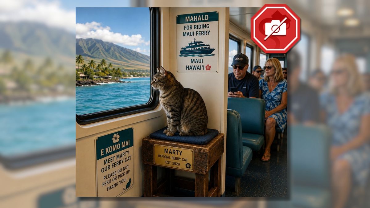 An AI-generated image of a cat sitting on a stool, riding a ferry. A tropical island is visible out the window. A plaque on the stool reads "Marty, Official Ferry Cat, Est. 2020"
