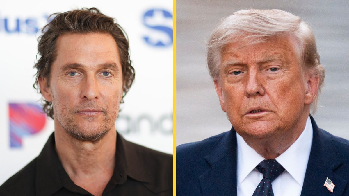 On the left, an image of Matthew McConaughey, a white man with a short beard and brown hair. On the right, an image of Donald Trump, an old white man with white hair wearing a navy suit. 