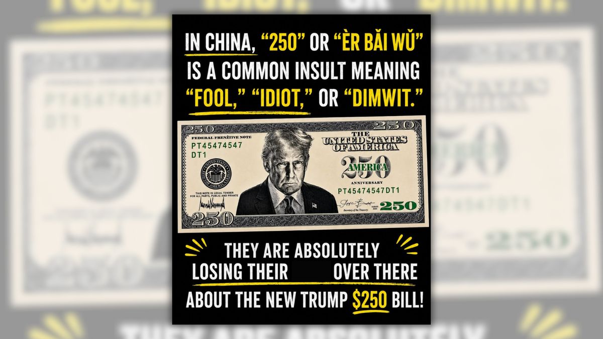 A graphic reads, "In China, "250" or "Èr băI wũ" is a common insult meaning "Fool," "Idiot," or "Dimwit." They are absolutely losing their s*** over there about the new trump $250 bill!"