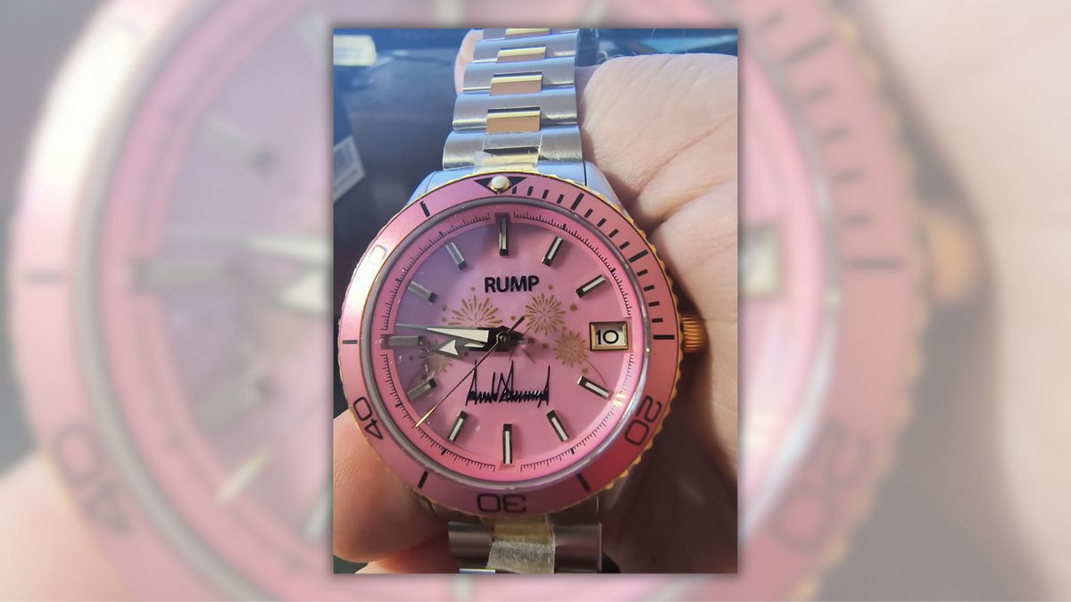 A gold and silver watch with a pink watch face reads "RUMP" instead of "TRUMP."