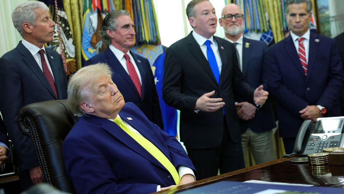 A photo shows US President Donald Trump wearing a suit and tie, leaning to his right with his eyes closed while seated at an Oval Office coal announcement, as well as to Environmental Protection Agency Administrator Lee Zeldin speaking to the room off to Trump's left.