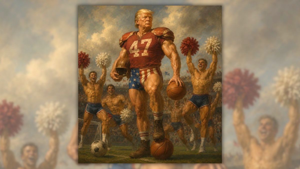An image that's likely AI-generated depicts U.S. President Donald Trump as a muscular football player surrounded by shirtless male cheerleaders.