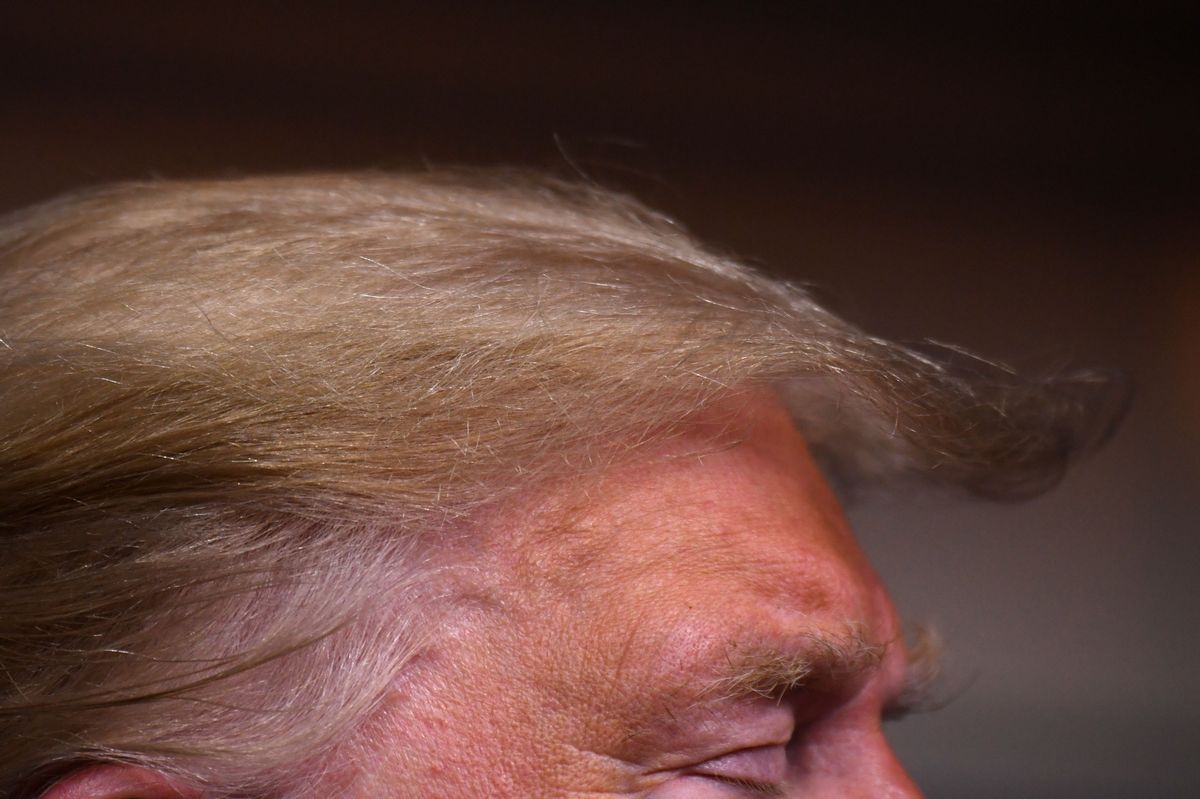 Image shows U.S. President Donald Trump's forehead and hair.