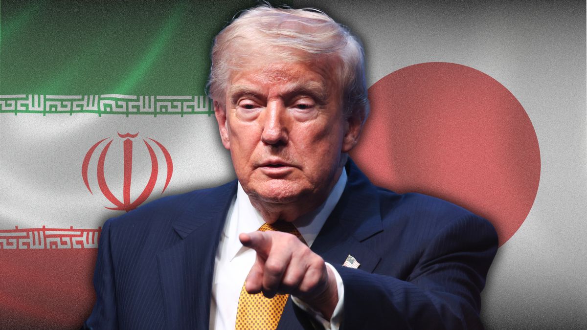 Photo illustration showing U.S. President Donald Trump pointing with the Iran and Japan flags behind him. 