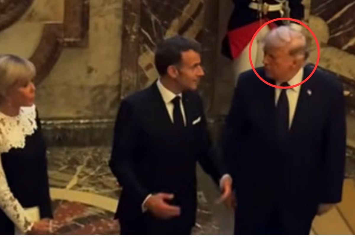 A photo appears to show Donald trump wearing a toupee alongside Emmanuel and Brigitte Macron.