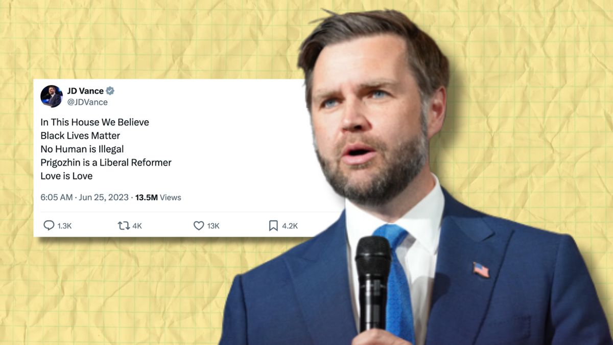 This image shows U.S. Vice President JD Vance alongside a screenshot of an X post he wrote in June 2023. It read: "In this house we believe: Black Lives Matter. No human is illegal. Prigozhin is a Liberal reformer. Love is love."