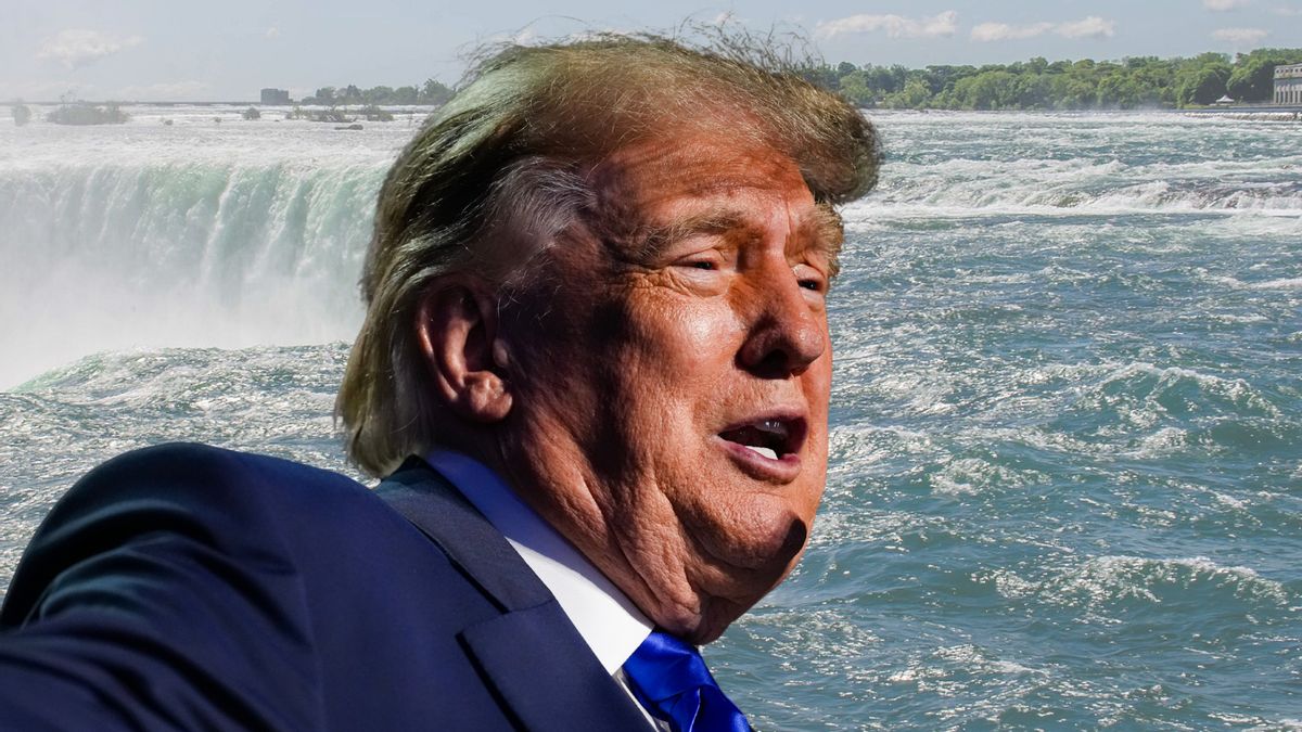 A photo of the misty blue waterfalls of Niagara Falls overlayed by a photo of a man in a blue suit with blonde hair and a red face speaking. 