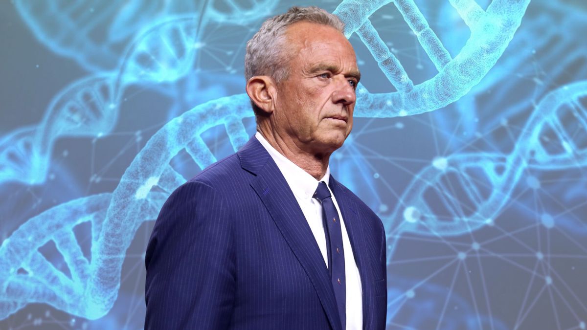 Image shows Robert F. Kennedy Jr. with a DNA strand background.