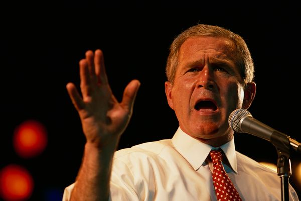 George W. Bush speaks at a rally during his presidential campaign. Bush won the 2000 Presidential Election against Vice President Al Gore after a controversial vote recount in Florida. (Photo by Brooks Kraft LLC/Sygma via Getty Images)