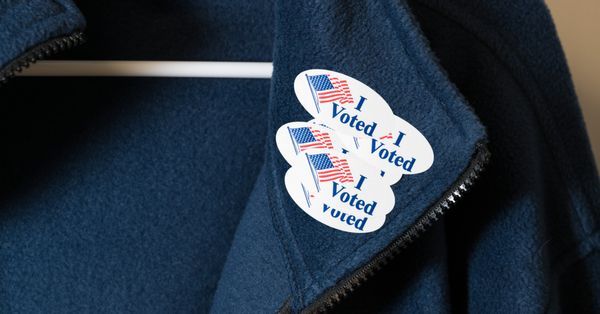 Lapel with several stickers saying "I Voted"