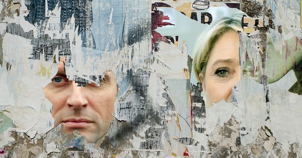 Paris. March 26, 2017 - French elections 2017: Wall with scratched pictures of Emmanuel Macron and Marine Lepen