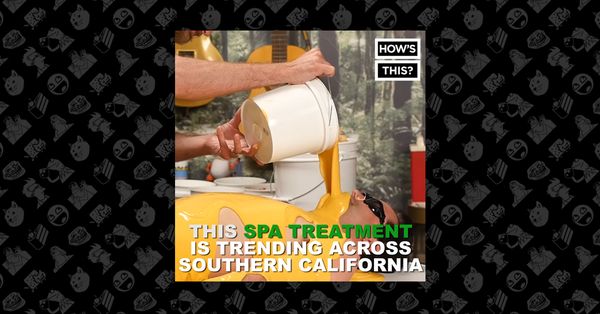 Video screenshot of nacho cheese being poured onto a man