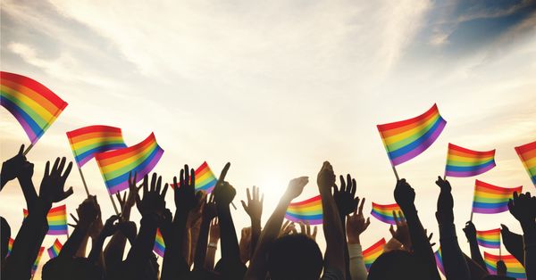 Silhouettes of a crowd of people waving rainbow flags.
