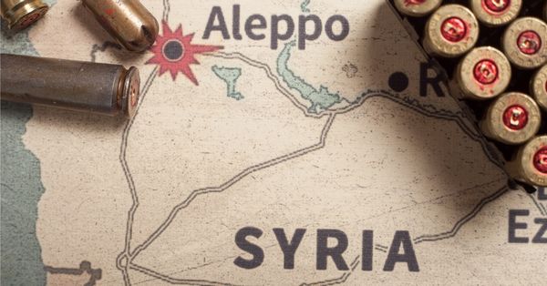 Map of Syria with bullet casings scattered over it