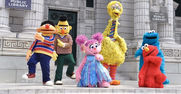 Characters from "Sesame Street" in front of a public library, Singapore