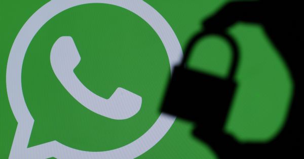 WhatsApp logo with silhouette of padlock over it