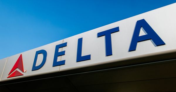 New York, August 19, 2017: Delta Airlines logo is attached to the front of the awning over the entrance to JFK's Terminal 4