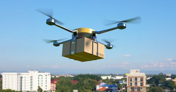 3D illustration of drone flying with package
