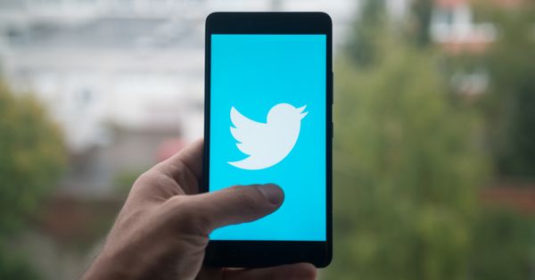 Hand holding a phone with a Twitter logo on the screen.