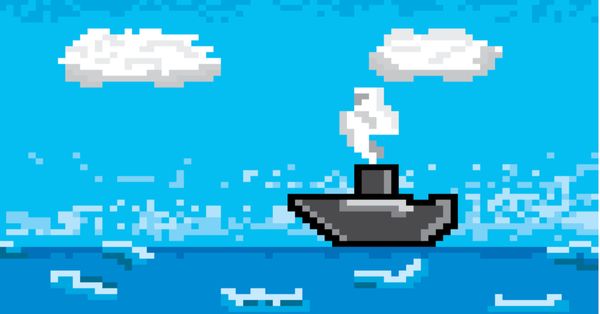 Pixelated image of a ship on a pixelated ocean under a pixelated sky.