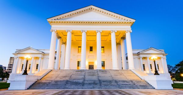 Exterior shot of Virginia Capitol Building during blue hour.