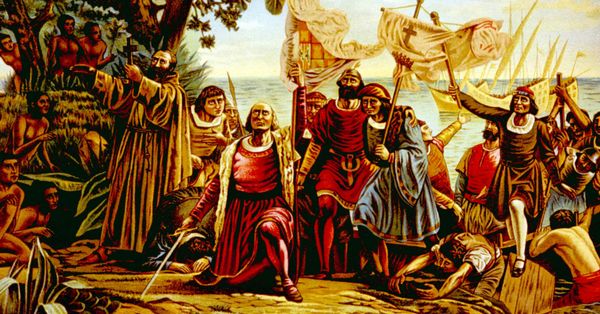 Christopher Columbus landing on the island of Guanahane (San Salvador) on October 12, 1492, chromolithograph from painting by Dioscoro Puebla, 1892