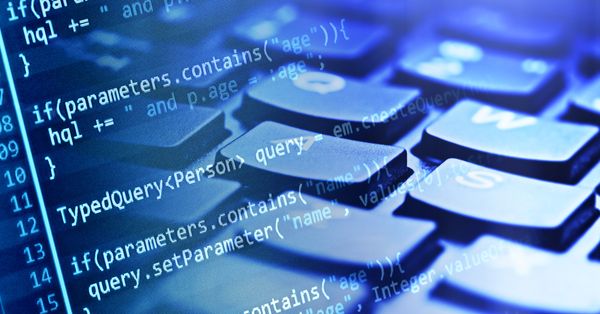 Concept art showing code superimposed over a keyboard.