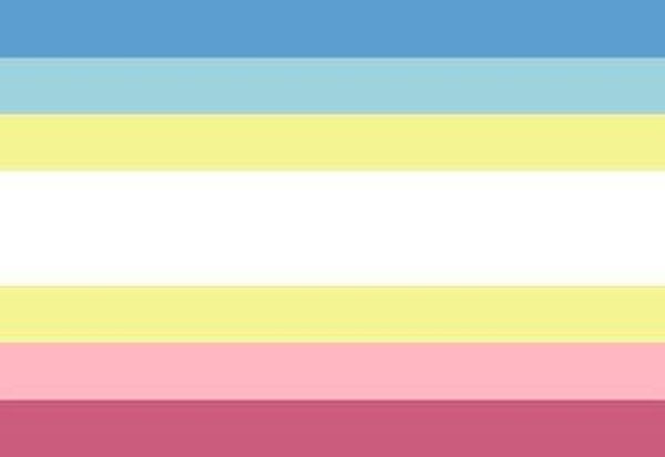 A gradient flag has shades, from top to bottom, or dark blue, light blue, yellow, white, yellow, light pink, and dark pink. The white stripe in the middle is twice as big as the other stripes.