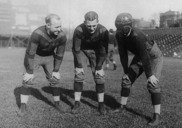 Red Grange, Dutch Sternaman, and George Halas at Football Practice