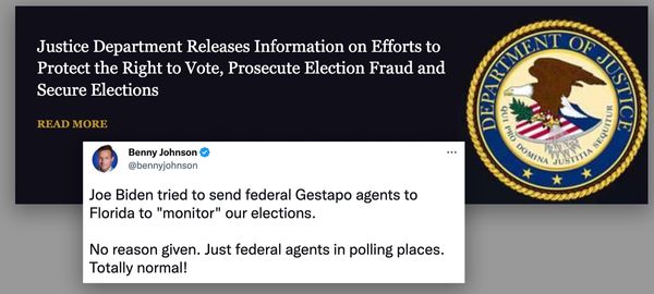 Two images in a collage. First is of a DOJ press release, second is of a tweet. 