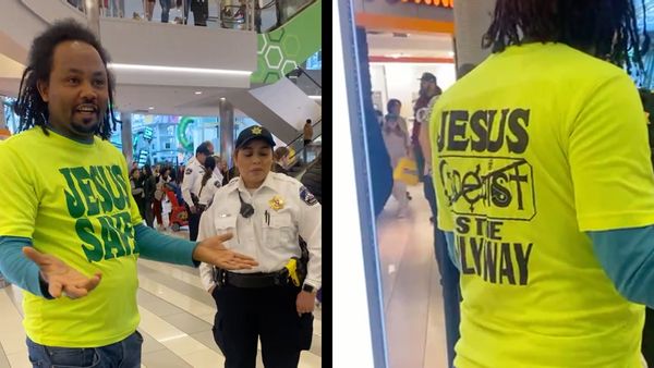 A man wearing a Jesus Saves shirt in the Mall of America with the crossed-out word coexist on the back made headlines in January 2023.