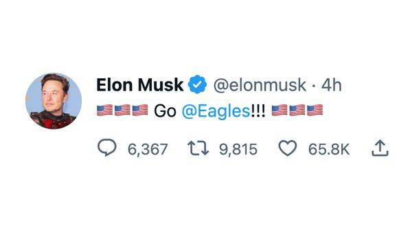 Elon Musk deleted a tweet that said Go Eagles after they lost to the Chiefs in Super Bowl LVII.
