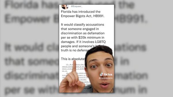 A person points up to a tweet on screen that says, "Florida has introduced the Empower Bigots Act, HB991. It would classify accusations that someone engaged in discrimination as defamation per se with $35k minimum in damages. If it involves LGBTQ people and someone's truth is no defense. This is absolutely." Their head is covering up part of the post.